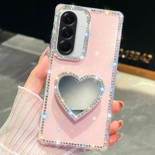 Funda con forma de corazón y espejo con purpurina de diamante para Samsung Galaxy A56 5G (rosa claro)
