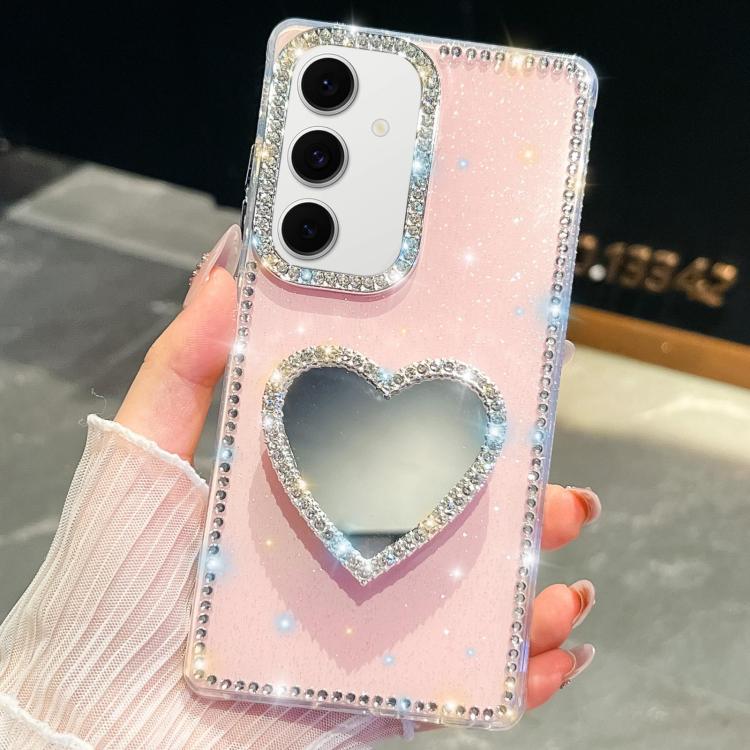Funda para Samsung Galaxy S24 FE 5G con purpurina y espejo con forma de corazón (rosa claro)
