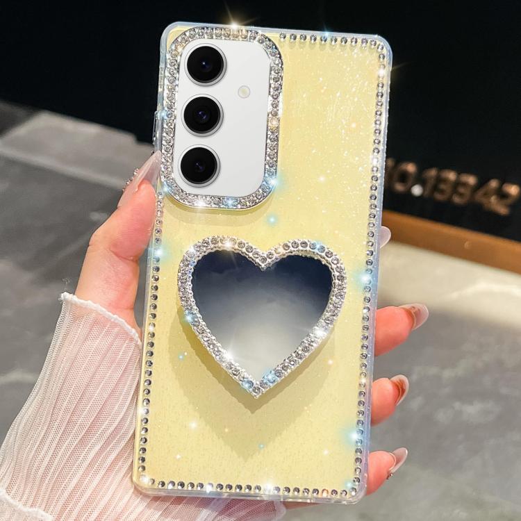Funda para Samsung Galaxy S24 FE 5G con purpurina y espejo con forma de corazón (amarillo claro)
