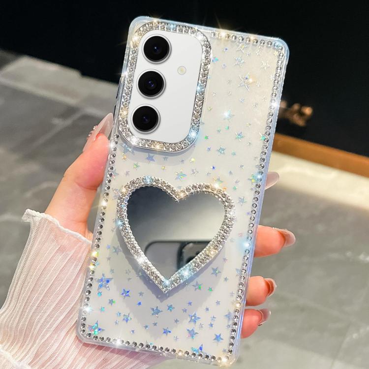 Funda para Samsung Galaxy S24 FE 5G con purpurina de diamante y espejo con forma de corazón (estrellas transparentes)