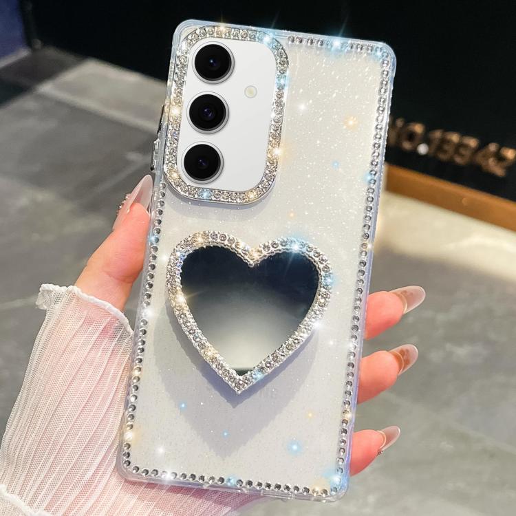 Funda transparente con forma de corazón y espejo con purpurina de diamante para Samsung Galaxy S24 FE 5G (transparente)