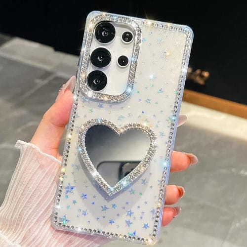 Funda para Samsung Galaxy S23 Ultra 5G con purpurina de diamante y espejo con forma de corazón (estrellas transparentes)