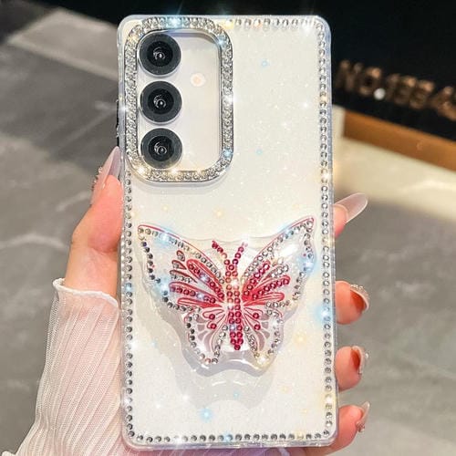 Funda con soporte para Samsung Galaxy S25+ 5G, diseño de mariposas y diamantes (blanca)