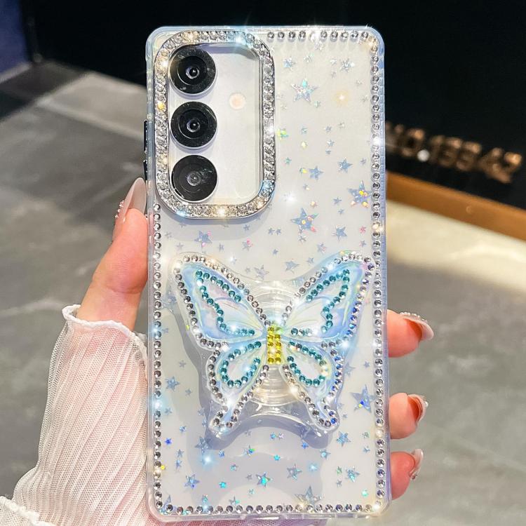 Funda para Samsung Galaxy S24 FE 5G con diseño de mariposa y purpurina de diamante (estrellas transparentes)