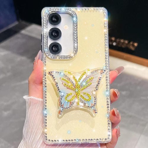 Funda con soporte para Samsung Galaxy A15 5G, diseño de mariposa con purpurina y diamantes (amarillo claro)