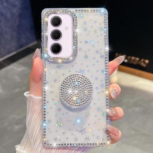 Funda para Samsung Galaxy A35 5G con purpurina y diamantes redondos (estrellas transparentes)