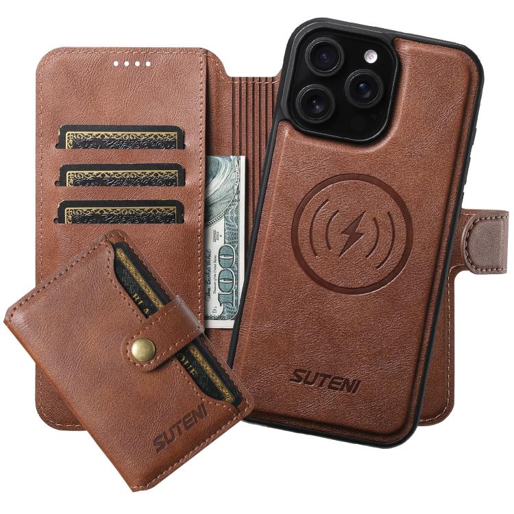 Funda de cuero Suteni Q05S1 3 en 1 con función de billetera desmontable y MagSafe para iPhone 12 Pro Max (marrón)