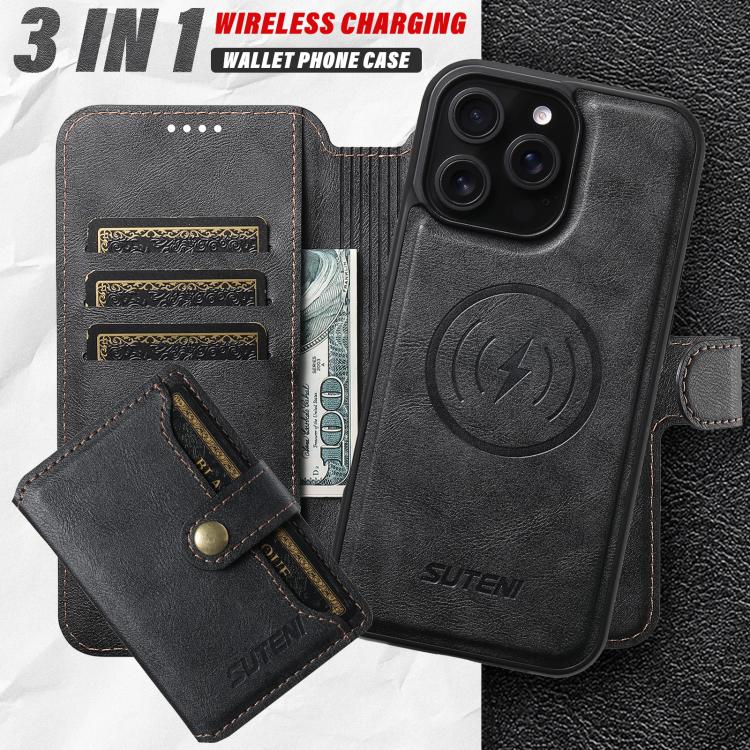 Funda de cuero Suteni Q05S1 3 en 1 con función de billetera desmontable y MagSafe para iPhone 13 (negra)