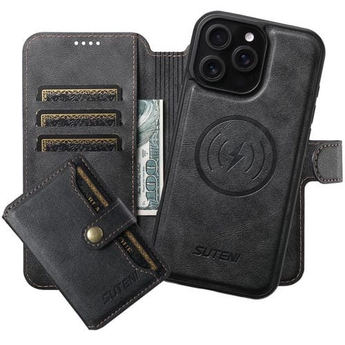 Funda de cuero Suteni Q05S1 3 en 1 con función de billetera desmontable y MagSafe para iPhone 13 Pro (negra)