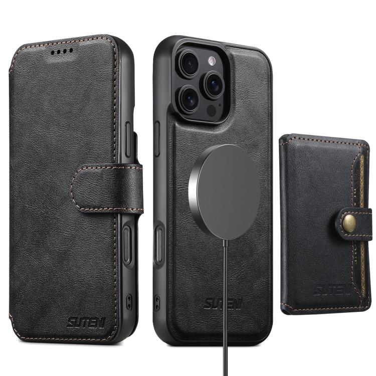 Funda de cuero Suteni Q05S1 3 en 1 con función de billetera desmontable y MagSafe para iPhone 14 (negra)