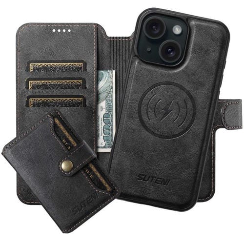 Funda de cuero Suteni Q05S1 3 en 1 con función de billetera desmontable y MagSafe para iPhone 15 Plus (negra)