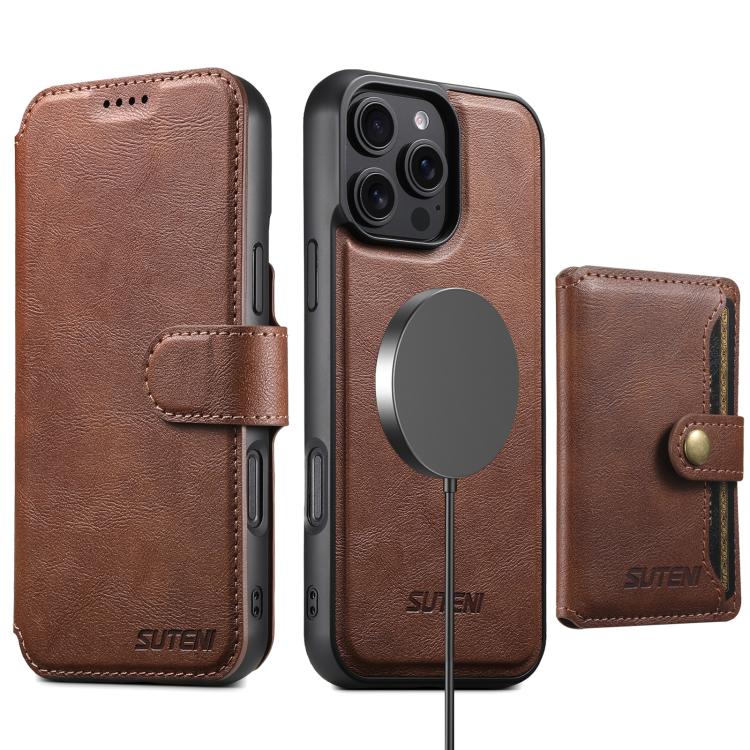 Funda de cuero Suteni Q05S1 3 en 1 con billetera desmontable y MagSafe para iPhone 15 Pro Max (marrón)