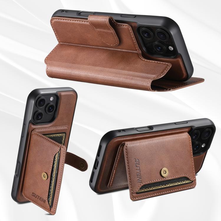 Funda de cuero Suteni Q05S1 3 en 1 con billetera desmontable y MagSafe para iPhone 16 Pro (marrón)