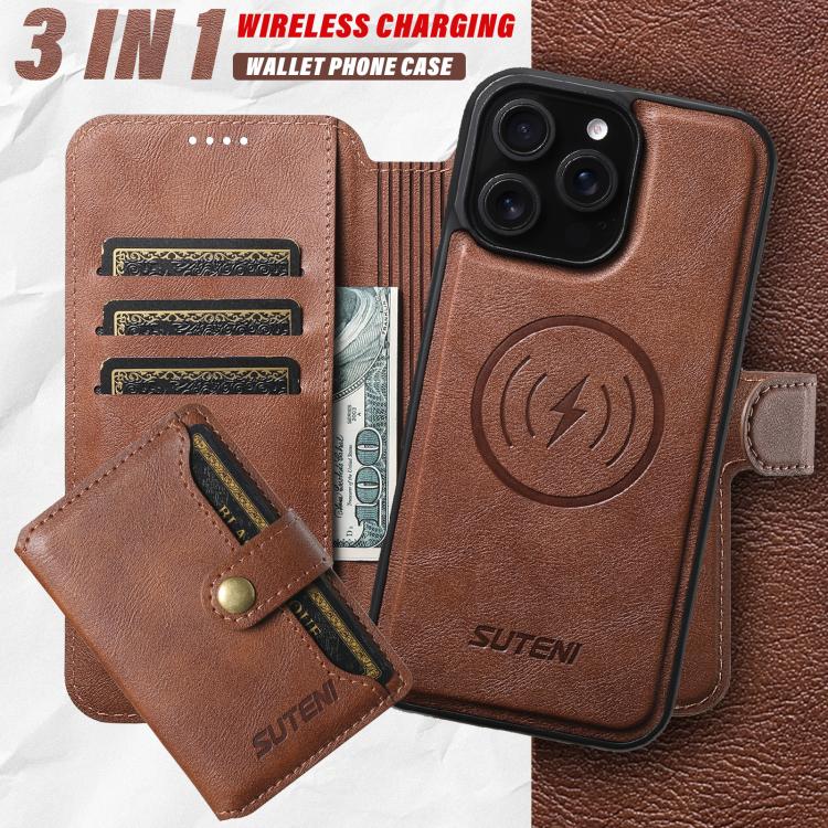 Funda de cuero Suteni Q05S1 3 en 1 con billetera desmontable y MagSafe para iPhone 16 Pro (marrón)