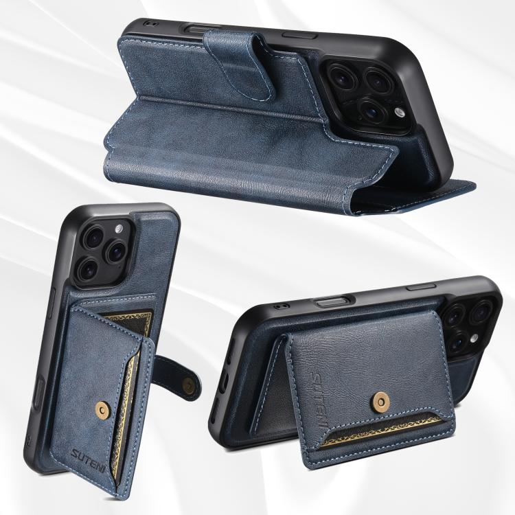 Funda de cuero Suteni Q05S1 3 en 1 con función de billetera desmontable y MagSafe para iPhone 16 Pro (azul)