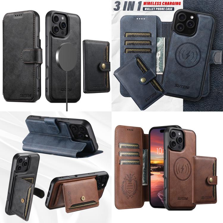 Funda de cuero Suteni Q05S1 3 en 1 con función de billetera desmontable y MagSafe para iPhone 15 Pro Max (azul)