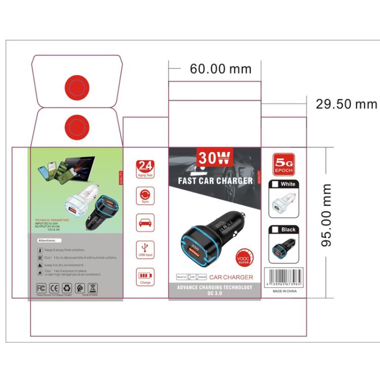 Cargador USB para coche QC3.0 de 30 W (blanco)