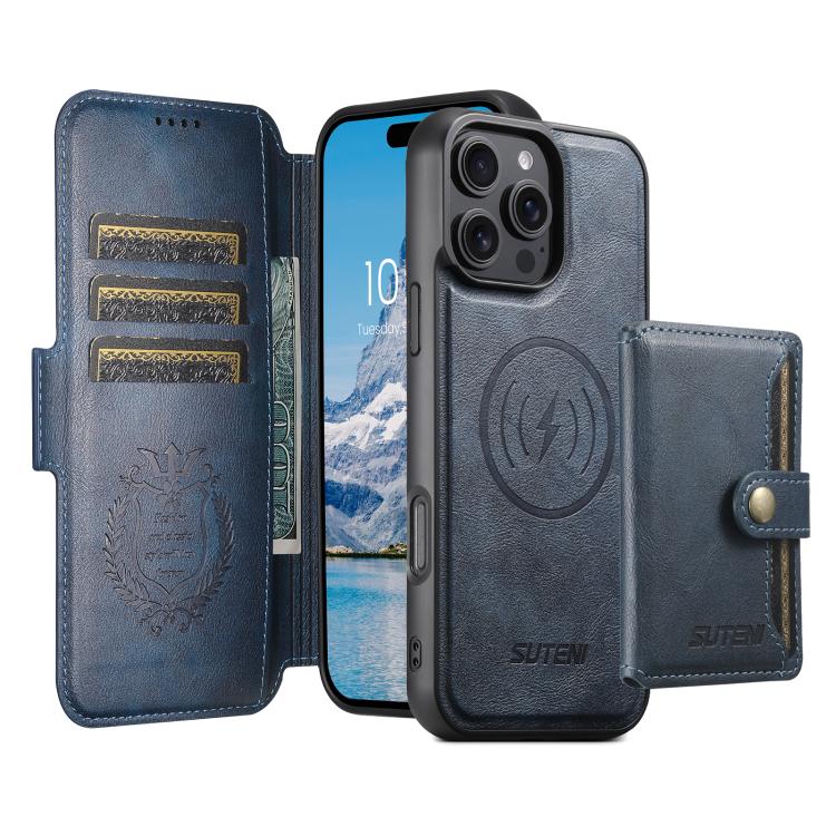 Funda de cuero Suteni Q06S1 3 en 1 con cierre magnético y billetera desmontable para iPhone 15 Pro Max (azul)