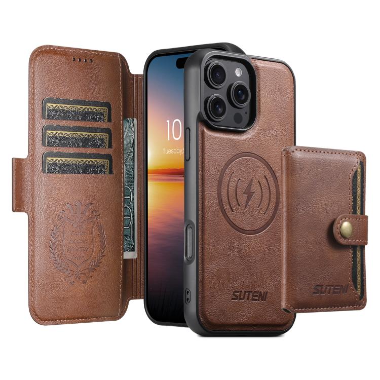 Funda de cuero Suteni Q06S1 3 en 1 con función de billetera desmontable y MagSafe para iPhone 14 (marrón)