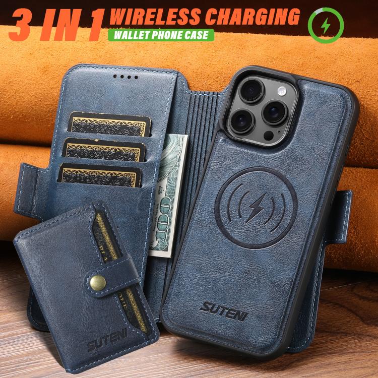 Funda de cuero Suteni Q06S1 3 en 1 con función de billetera desmontable y MagSafe para iPhone 14 (azul)
