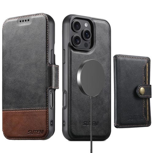 Funda de cuero Suteni Q06S1 3 en 1 con cierre magnético y billetera desmontable para iPhone 13 Pro Max (negro)