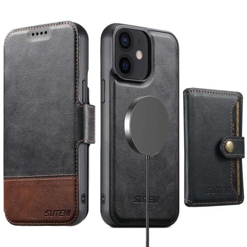 Funda de cuero Suteni Q06S1 3 en 1 con función de billetera desmontable y cierre MagSafe para iPhone 12 (negra)