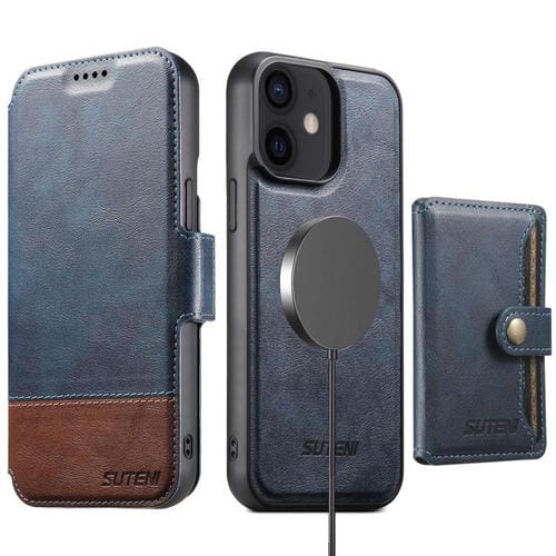 Funda de cuero Suteni Q06S1 3 en 1 con función de billetera desmontable y cierre MagSafe para iPhone 12 (azul)