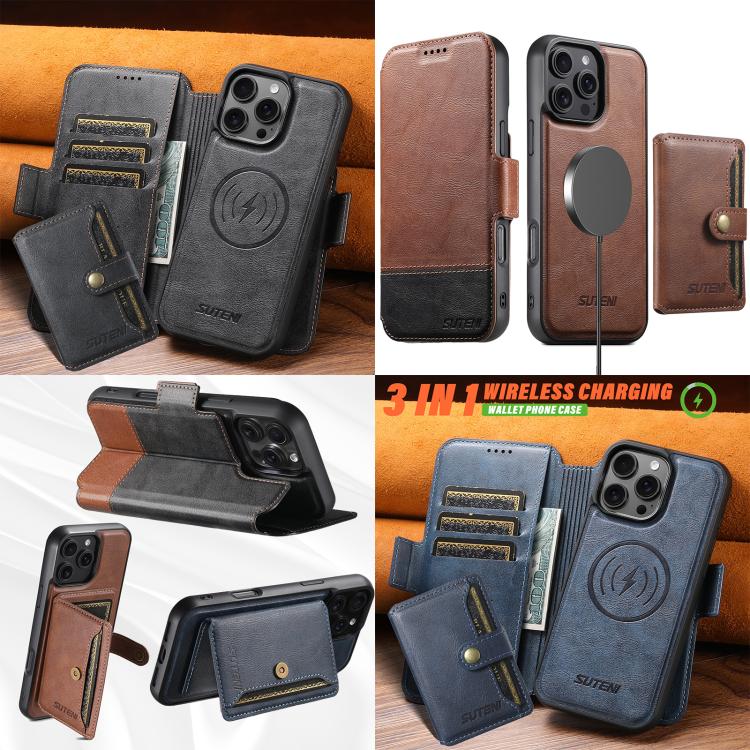 Funda de cuero Suteni Q06S1 3 en 1 con cierre magnético y desmontable para iPhone 13 Pro (negro)