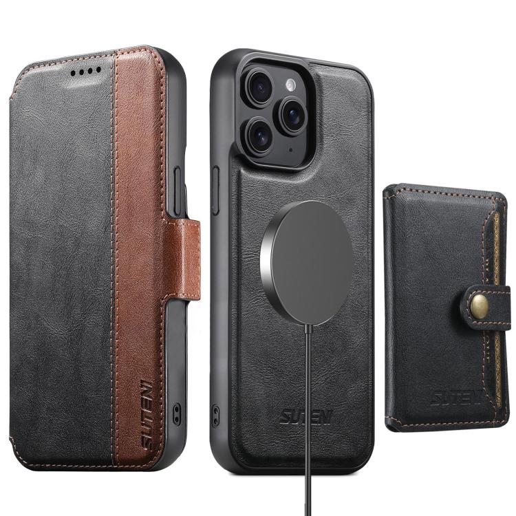 Funda de cuero Suteni Q07S1 3 en 1 con cierre magnético y billetera desmontable para iPhone 15 Pro Max (negro)