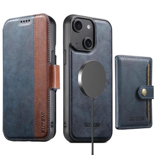 Funda de cuero Suteni Q07S1 3 en 1 con cierre magnético y billetera desmontable para iPhone 15 Plus (azul)
