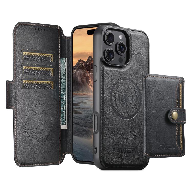 Funda de cuero Suteni Q07S1 3 en 1 con cierre magnético y billetera desmontable para iPhone 12 Pro Max (negro)
