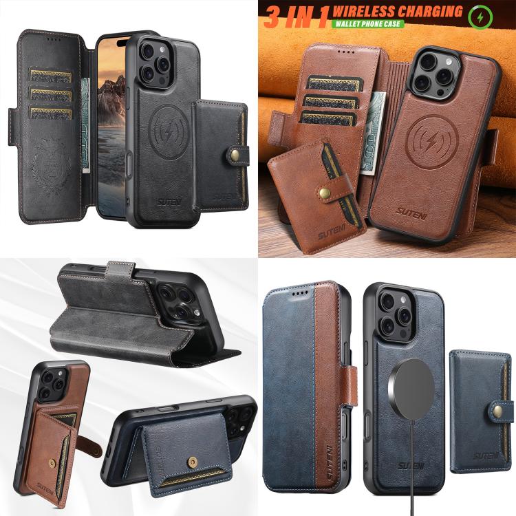 Funda de cuero Suteni Q07S1 3 en 1 con cierre magnético y billetera desmontable para iPhone 15 (marrón)