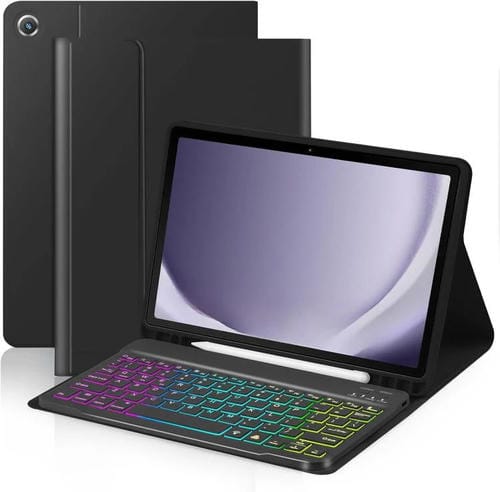 Funda protectora de cuero con teclado Bluetooth retroiluminado de colores para iPad Air 2022/2020 de 10.9 pulgadas (negro premium)