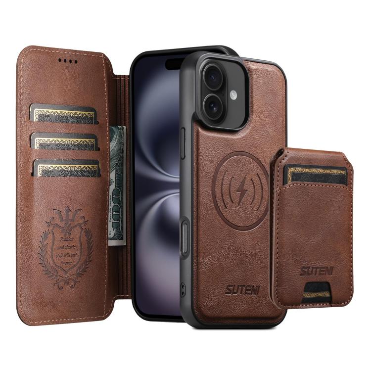 Funda de cuero Suteni Q05S2 3 en 1 con tapa vertical desmontable y función MagSafe para iPhone 16 Plus (marrón)