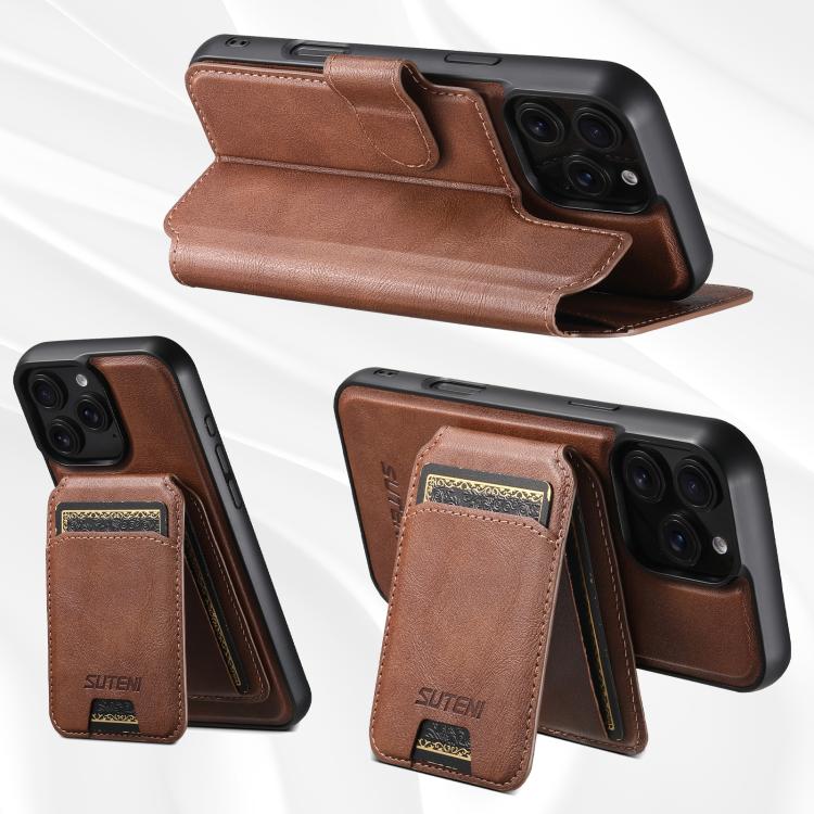 Funda de cuero Suteni Q05S2 3 en 1 con tapa vertical desmontable y función MagSafe para iPhone 15 Plus (marrón)