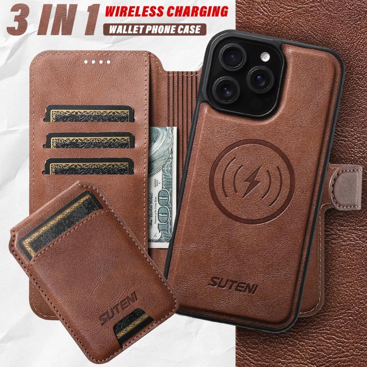 Funda de cuero Suteni Q05S2 3 en 1 con tapa vertical desmontable y función MagSafe para iPhone 15 Plus (marrón)