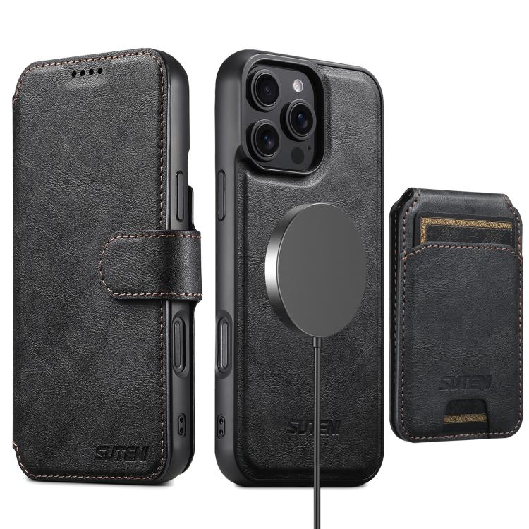Funda de cuero Suteni Q05S2 3 en 1 con tapa vertical desmontable y función de cierre magnético para iPhone 13 Pro (negro)