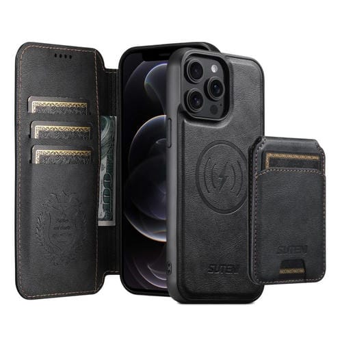 Funda de cuero Suteni Q05S2 3 en 1 con tapa vertical desmontable y función de cierre magnético para iPhone 12 Pro Max (negro)