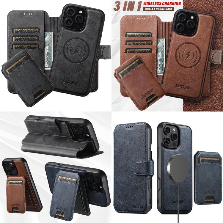 Funda de cuero Suteni Q05S2 3 en 1 con tapa vertical desmontable y función MagSafe para iPhone 16 Plus (azul)