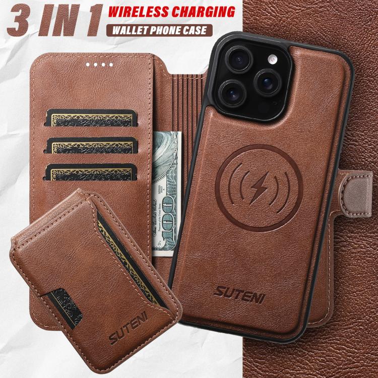Funda de cuero Suteni Q05S3 3 en 1 con tapa vertical desmontable y función MagSafe para iPhone 16 Pro (marrón)