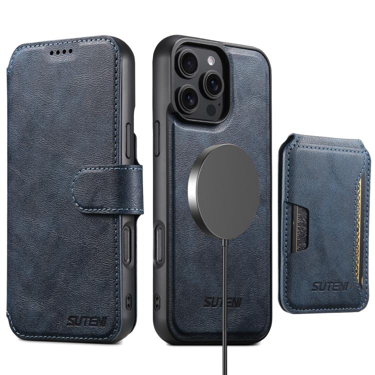 Funda de cuero Suteni Q05S3 3 en 1 con tapa vertical desmontable y función de cierre magnético para iPhone 15 Pro (azul)