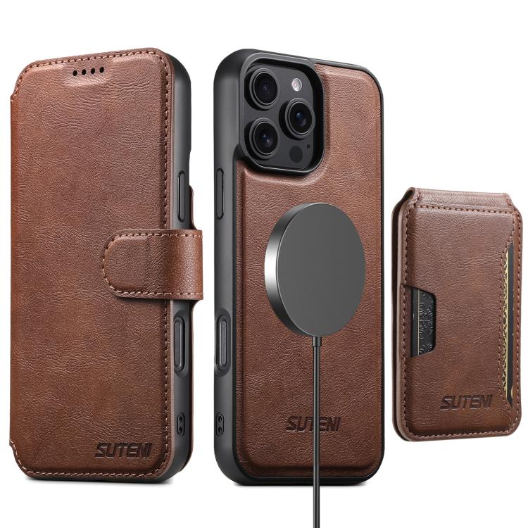 Funda de cuero Suteni Q05S3 3 en 1 con tapa vertical desmontable y función MagSafe para iPhone 15 Plus (marrón)