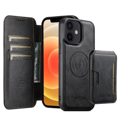 Funda de cuero Suteni Q05S3 3 en 1 con tapa vertical desmontable y función de cierre magnético para iPhone 12 (negro)
