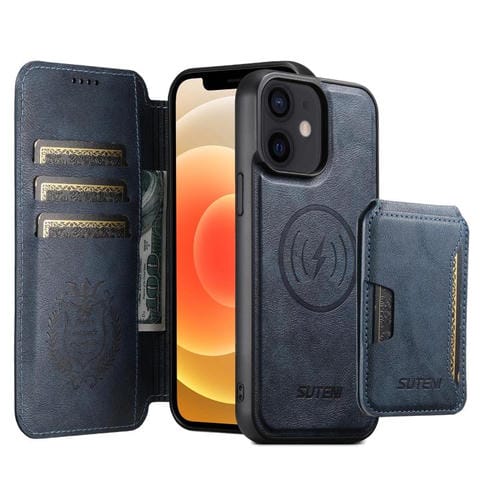 Funda de cuero Suteni Q05S3 3 en 1 con tapa vertical desmontable y función de cierre magnético para iPhone 12 (azul)
