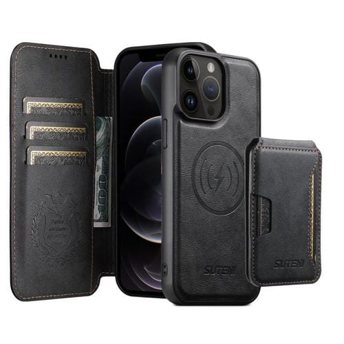 Funda de cuero Suteni Q05S3 3 en 1 con tapa vertical desmontable y función de cierre magnético para iPhone 12 Pro (negro)
