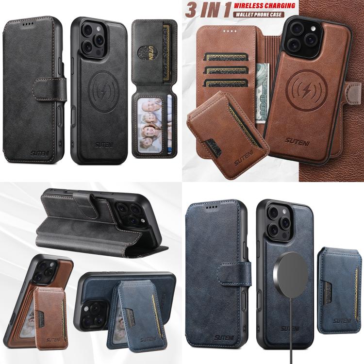 Funda de cuero Suteni Q05S3 3 en 1 con tapa vertical desmontable y función MagSafe para iPhone 16 Plus (negra)