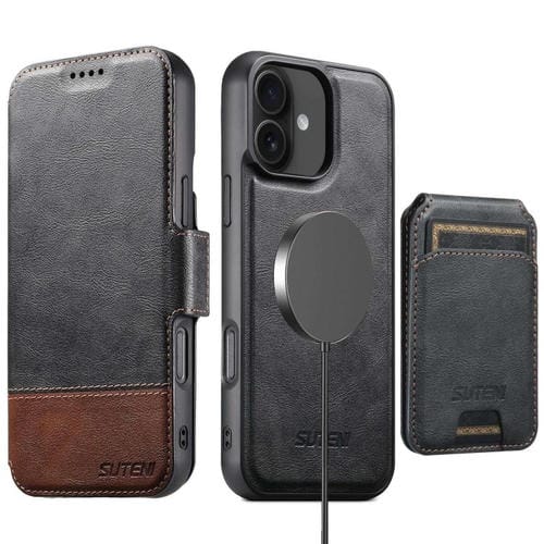 Funda de cuero Suteni Q06S2 3 en 1 con tapa vertical desmontable y cierre MagSafe para iPhone 16 Plus (negra)