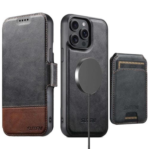 Funda de cuero Suteni Q06S2 3 en 1 con tapa vertical desmontable y cierre MagSafe para iPhone 15 Pro (negra)