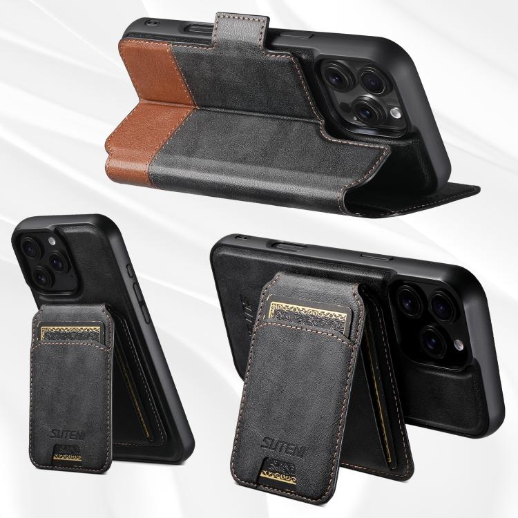 Funda de cuero Suteni Q06S2 3 en 1 con tapa vertical desmontable y ranuras para tarjetas MagSafe para iPhone 14 (negro)