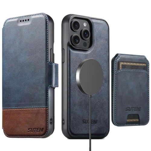 Funda de cuero Suteni Q06S2 3 en 1 con tapa vertical desmontable y cierre MagSafe para iPhone 14 Pro Max (azul)